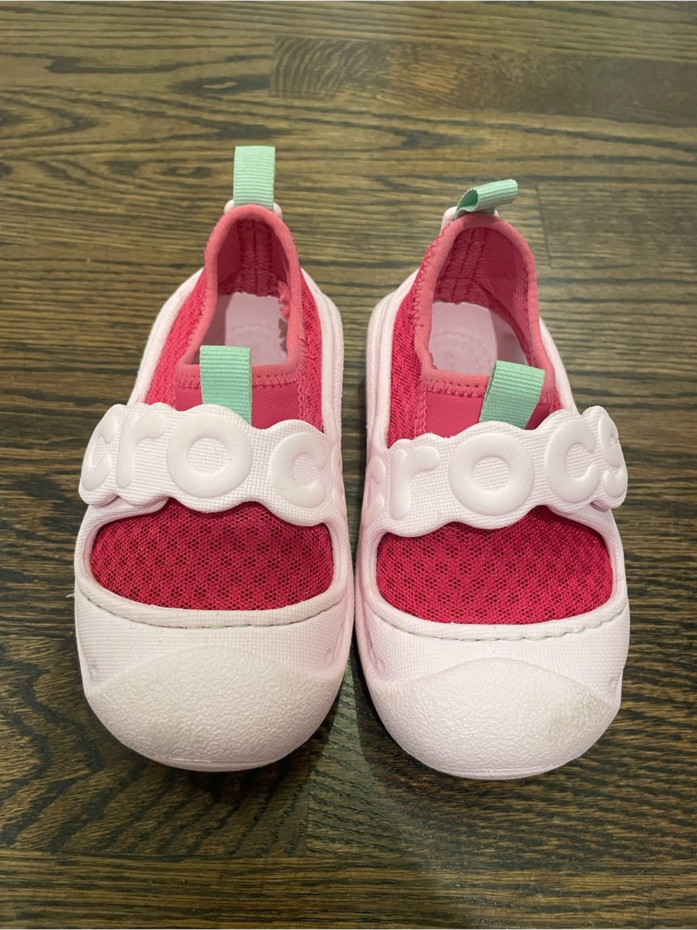 CROCS Kids Raspberry and Light Pink Slip-On Water Shoes with Mint Tabs